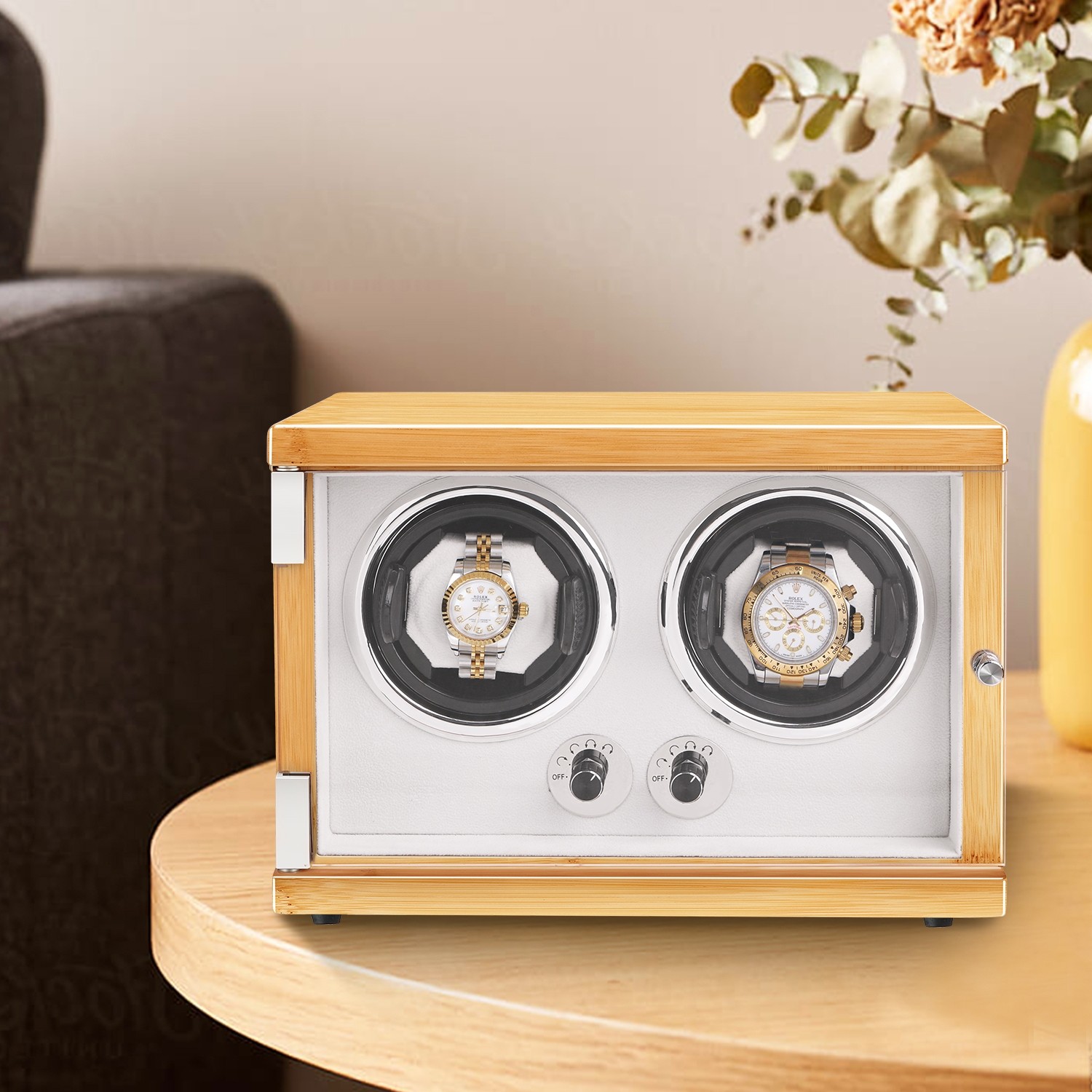 New Vertical Double Automatic Watch Winder with LED Light Hevea Brasiliensis
